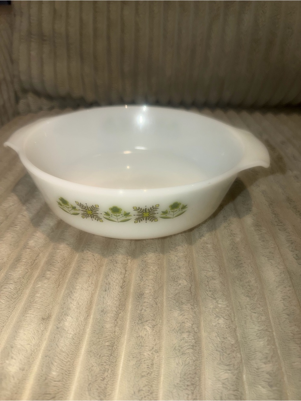White Glass Serving Bowl with Green Floral Pattern